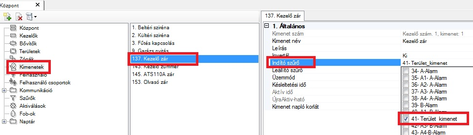 Riasztó rendszer kimenetek