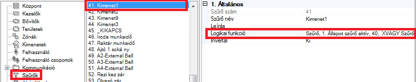 ATS Advanced központ 41. szűrő aktiválja az 1. kimenetet